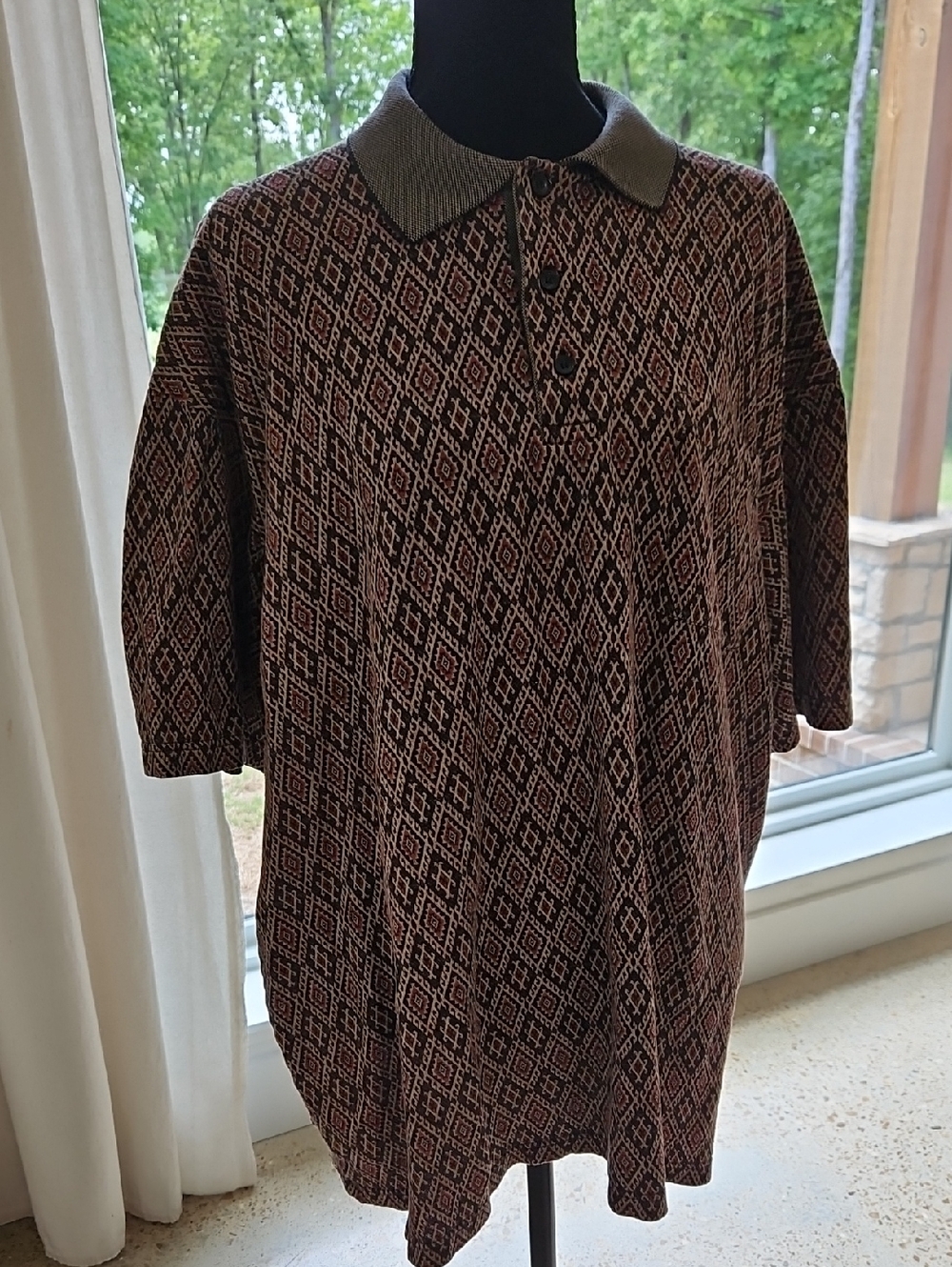 Men's Brown Patterned Polo Shirt with Contrast Collar. Size XXL Made In Turkey